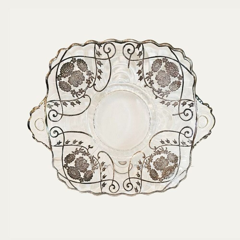 Vintage Sterling Sliver Overlay Glass Dish Flanders Poppy Pattern
